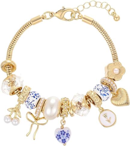 Madison Tyler Bow Gold Plated Bracelet for Women | LOVE Heart Hollow Flower Bow Pink Green Square Gemstone Beaded Charm Bracelet | Cute Adjustable Bracelet Jewelry in Kuwait