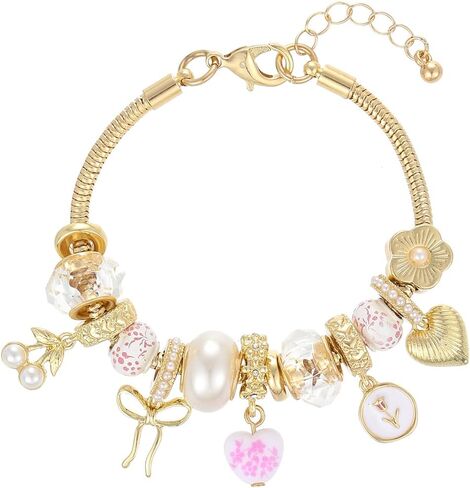 Madison Tyler Bow Gold Plated Bracelet for Women | LOVE Heart Hollow Flower Bow Pink Green Square Gemstone Beaded Charm Bracelet | Cute Adjustable Bracelet Jewelry in Kuwait