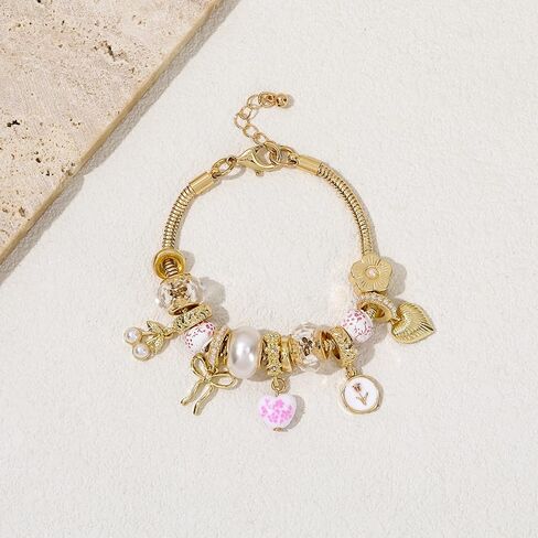 Madison Tyler Bow Gold Plated Bracelet for Women | LOVE Heart Hollow Flower Bow Pink Green Square Gemstone Beaded Charm Bracelet | Cute Adjustable Bracelet Jewelry in Kuwait