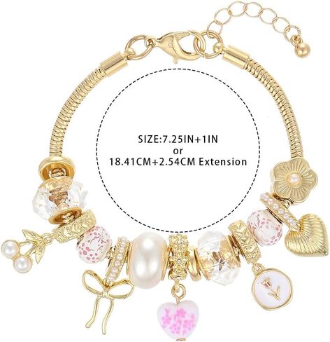 Madison Tyler Bow Gold Plated Bracelet for Women | LOVE Heart Hollow Flower Bow Pink Green Square Gemstone Beaded Charm Bracelet | Cute Adjustable Bracelet Jewelry in Kuwait