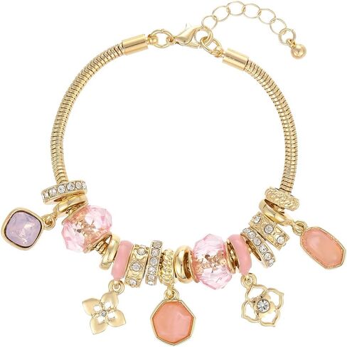 Madison Tyler Bow Gold Plated Bracelet for Women | LOVE Heart Hollow Flower Bow Pink Green Square Gemstone Beaded Charm Bracelet | Cute Adjustable Bracelet Jewelry in Kuwait