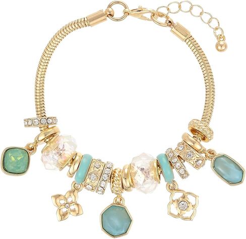 Madison Tyler Bow Gold Plated Bracelet for Women | LOVE Heart Hollow Flower Bow Pink Green Square Gemstone Beaded Charm Bracelet | Cute Adjustable Bracelet Jewelry in Kuwait