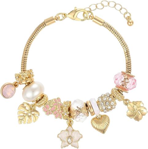 Madison Tyler Bow Gold Plated Bracelet for Women | LOVE Heart Hollow Flower Bow Pink Green Square Gemstone Beaded Charm Bracelet | Cute Adjustable Bracelet Jewelry in Kuwait