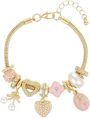 Madison Tyler Bow Gold Plated Bracelet for Women | LOVE Heart Hollow Flower Bow Pink Green Square Gemstone Beaded Charm Bracelet | Cute Adjustable Bracelet Jewelry in Kuwait