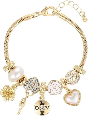 Madison Tyler Bow Gold Plated Bracelet for Women | LOVE Heart Hollow Flower Bow Pink Green Square Gemstone Beaded Charm Bracelet | Cute Adjustable Bracelet Jewelry in Kuwait