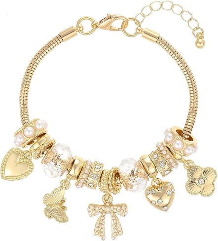 Madison Tyler Bow Gold Plated Bracelet for Women | LOVE Heart Hollow Flower Bow Pink Green Square Gemstone Beaded Charm Bracelet | Cute Adjustable Bracelet Jewelry in Kuwait