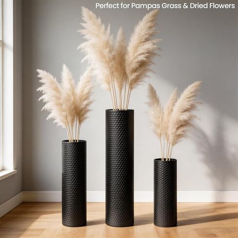 Black Tall Floor Vase Set of 3, 27.1" Large Metal Cylinder Standing Vases for Decor Living Room, Modern Honeycomb Texture Decorative Corner Vases for Pampas Grass Entryway Home Decoration in Saudi Arabia