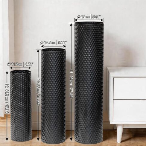 Black Tall Floor Vase Set of 3, 27.1" Large Metal Cylinder Standing Vases for Decor Living Room, Modern Honeycomb Texture Decorative Corner Vases for Pampas Grass Entryway Home Decoration in Saudi Arabia