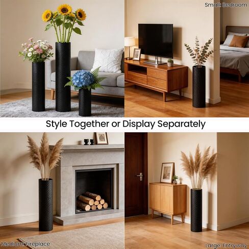 Black Tall Floor Vase Set of 3, 27.1" Large Metal Cylinder Standing Vases for Decor Living Room, Modern Honeycomb Texture Decorative Corner Vases for Pampas Grass Entryway Home Decoration in Saudi Arabia