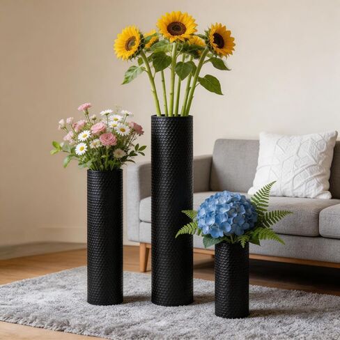 Black Tall Floor Vase Set of 3, 27.1" Large Metal Cylinder Standing Vases for Decor Living Room, Modern Honeycomb Texture Decorative Corner Vases for Pampas Grass Entryway Home Decoration in Saudi Arabia