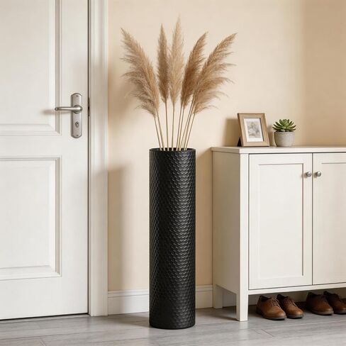 Black Tall Floor Vase Set of 3, 27.1" Large Metal Cylinder Standing Vases for Decor Living Room, Modern Honeycomb Texture Decorative Corner Vases for Pampas Grass Entryway Home Decoration in Saudi Arabia