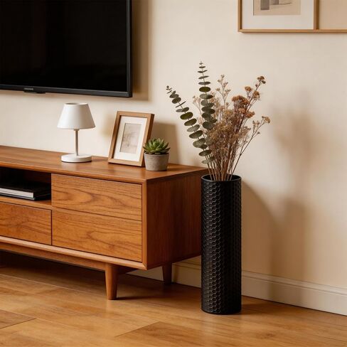 Black Tall Floor Vase Set of 3, 27.1" Large Metal Cylinder Standing Vases for Decor Living Room, Modern Honeycomb Texture Decorative Corner Vases for Pampas Grass Entryway Home Decoration in Saudi Arabia