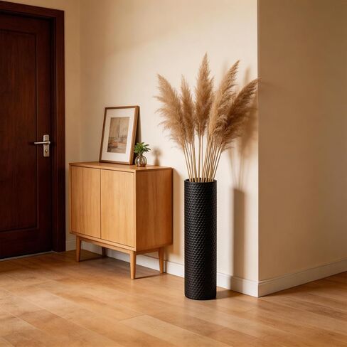 Black Tall Floor Vase Set of 3, 27.1" Large Metal Cylinder Standing Vases for Decor Living Room, Modern Honeycomb Texture Decorative Corner Vases for Pampas Grass Entryway Home Decoration in Saudi Arabia