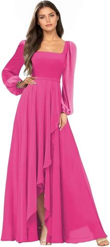 Chiffon Long Sleeve Bridesmaid Dresses for Women Square Neck Long Pleated Formal Evening Party Dress with Slit in Saudi Arabia