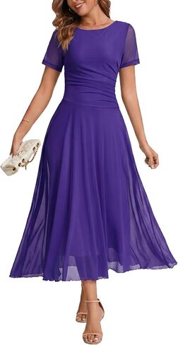 Women's Short Sleeve Mesh Maxi Dress Summer Flowy Swing Ruched A-Line Prom Dresses for Wedding Guest Party Outfits in Saudi Arabia