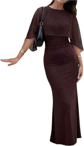 GORGLITTER Women's Chiffon Ruched Cape Dress Going Out Evening Gowns Doman Sleeve Wedding Guest Formal Dress with Shawl in Kuwait