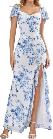 Floral Maxi Wedding Guest Formal Dress for Women Ruffle Sweetheart Neck Bridal Sundress Cocktail Party Long Dress in Kuwait