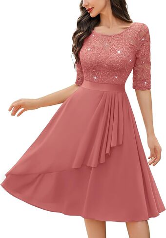 Miusol Women's Classy Scoop Neck Pleated Glitter Sequin Lace Half Sleeve Formal Party A-Line Dress in Kuwait