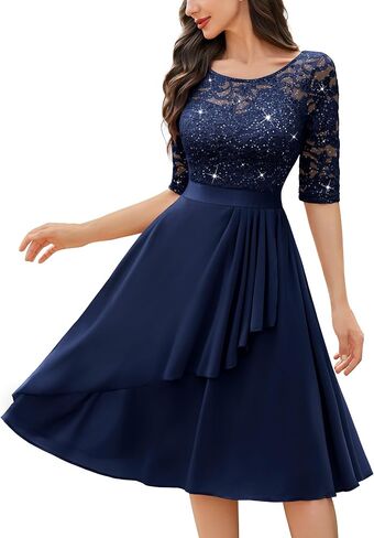 Miusol Women's Classy Scoop Neck Pleated Glitter Sequin Lace Half Sleeve Formal Party A-Line Dress in Kuwait
