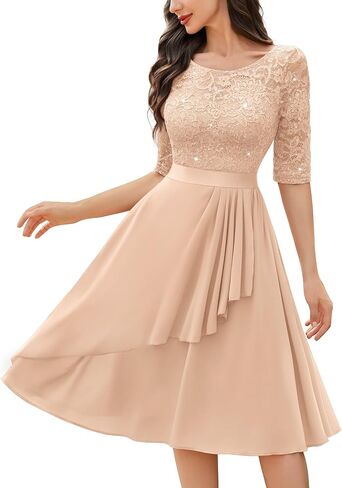 Miusol Women's Classy Scoop Neck Pleated Glitter Sequin Lace Half Sleeve Formal Party A-Line Dress in Kuwait