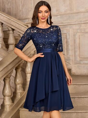 Miusol Women's Classy Scoop Neck Pleated Glitter Sequin Lace Half Sleeve Formal Party A-Line Dress in Kuwait