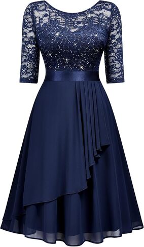 Miusol Women's Classy Scoop Neck Pleated Glitter Sequin Lace Half Sleeve Formal Party A-Line Dress in Kuwait