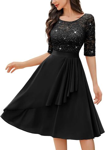 Miusol Women's Classy Scoop Neck Pleated Glitter Sequin Lace Half Sleeve Formal Party A-Line Dress in Kuwait