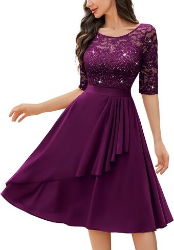 Miusol Women's Classy Scoop Neck Pleated Glitter Sequin Lace Half Sleeve Formal Party A-Line Dress in Kuwait