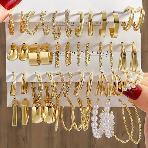 24 Pairs 14K Gold Plated Geometric Pearl Earrings for Women Chunky Statement Hoop Earrings Lightweight Hypoallergenic Trendy Accessories Gold Jewelry Gifts for Womens in Kuwait