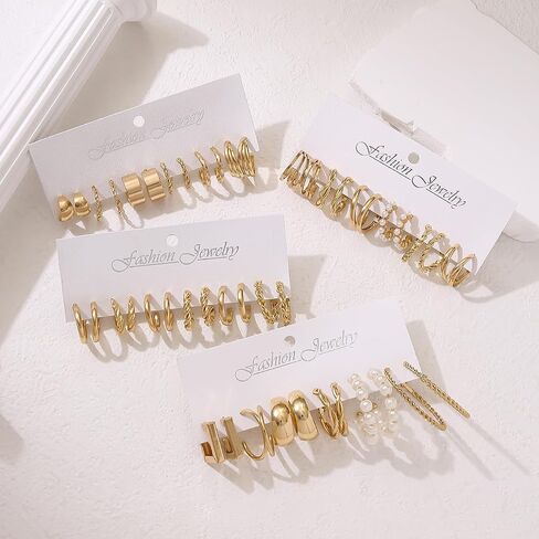 24 Pairs 14K Gold Plated Geometric Pearl Earrings for Women Chunky Statement Hoop Earrings Lightweight Hypoallergenic Trendy Accessories Gold Jewelry Gifts for Womens in Kuwait
