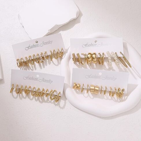 24 Pairs 14K Gold Plated Geometric Pearl Earrings for Women Chunky Statement Hoop Earrings Lightweight Hypoallergenic Trendy Accessories Gold Jewelry Gifts for Womens in Kuwait