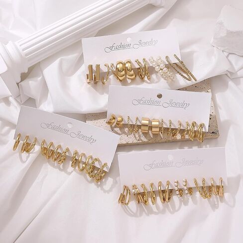 24 Pairs 14K Gold Plated Geometric Pearl Earrings for Women Chunky Statement Hoop Earrings Lightweight Hypoallergenic Trendy Accessories Gold Jewelry Gifts for Womens in Kuwait