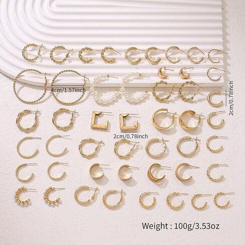 24 Pairs 14K Gold Plated Geometric Pearl Earrings for Women Chunky Statement Hoop Earrings Lightweight Hypoallergenic Trendy Accessories Gold Jewelry Gifts for Womens in Kuwait