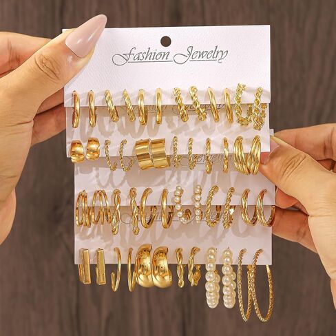 24 Pairs 14K Gold Plated Geometric Pearl Earrings for Women Chunky Statement Hoop Earrings Lightweight Hypoallergenic Trendy Accessories Gold Jewelry Gifts for Womens in Kuwait