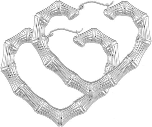 Heart Bamboo Earrings, Rhodium Plated, Sterling Silver, 2 Inches Wide | Hollow Hoops in Saudi Arabia
