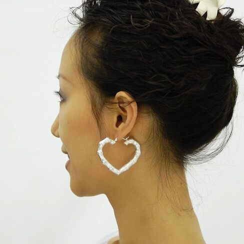 Heart Bamboo Earrings, Rhodium Plated, Sterling Silver, 2 Inches Wide | Hollow Hoops in Saudi Arabia