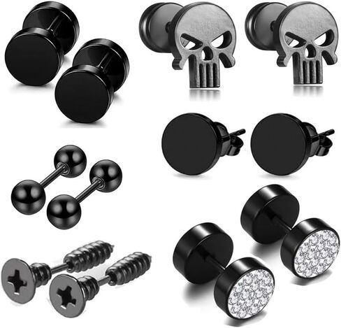 Women's earrings stainless steel antiallergy Zircon barbell ear stud skull thread back Cartilage piercing black plated hoop earrings for women men 6pairs in Saudi Arabia