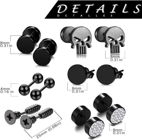 Women's earrings stainless steel antiallergy Zircon barbell ear stud skull thread back Cartilage piercing black plated hoop earrings for women men 6pairs in Saudi Arabia
