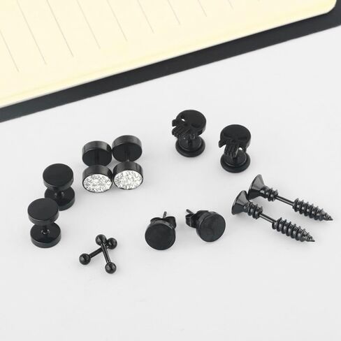 Women's earrings stainless steel antiallergy Zircon barbell ear stud skull thread back Cartilage piercing black plated hoop earrings for women men 6pairs in Saudi Arabia