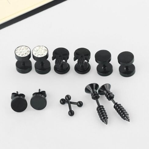 Women's earrings stainless steel antiallergy Zircon barbell ear stud skull thread back Cartilage piercing black plated hoop earrings for women men 6pairs in Saudi Arabia