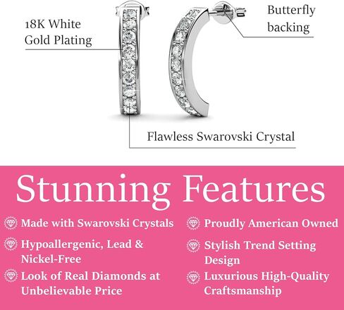 Cate & Chloe Erin 18k White Gold-Plated Half Hoop Earrings with Simulated Diamond Crystals, Elegant Small Hoops for Women, Giftable Accessory for Her on Christmas, Birthday, Anniversary in Kuwait
