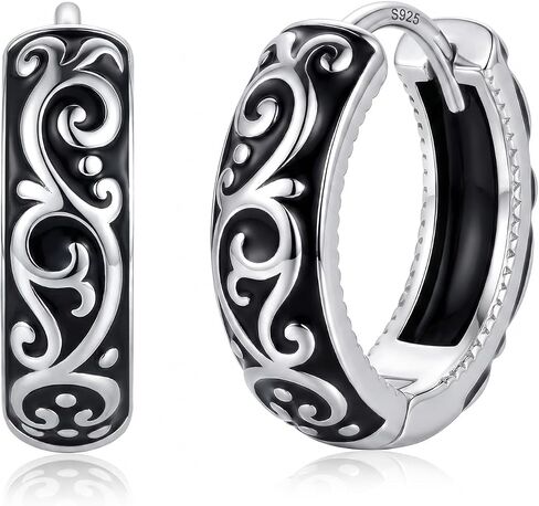 Vintage Earrings 925 Sterling Silver Small Huggie Hoop Earrings Women's Filigree Earrings Trendy Black Heart Flower Hypoallergenic Jewelry Gifts for Women in Saudi Arabia