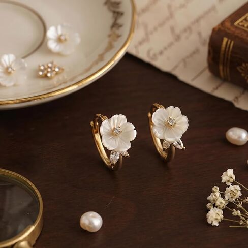 Women’s Flower Hoop Earrings Gold Plated Floral Huggie Earrings White Flower Crystal Hoop Earrings Dainty Jewelry Gift for Women in Saudi Arabia
