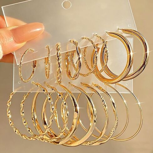 Gold Hoop Earrings Set for Women, 8 Pairs Lightweight Twist & Smooth Big Hoop Earring Pack for Daily Wear in Kuwait
