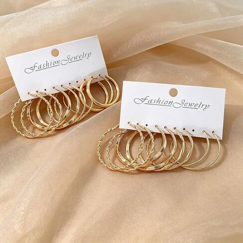 Gold Hoop Earrings Set for Women, 8 Pairs Lightweight Twist & Smooth Big Hoop Earring Pack for Daily Wear in Kuwait