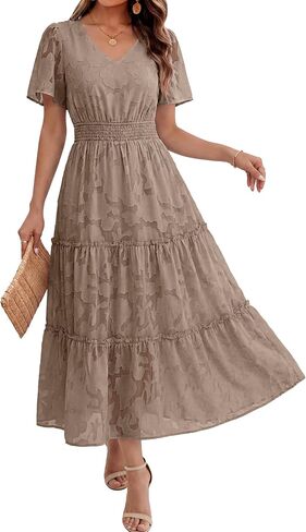 Caracilia Womens 2026 Spring Wedding Guest Maxi Dress Summer Boho Floral Short Sleeve V Neck Beach Vacation Tea Party Dresses in Saudi Arabia