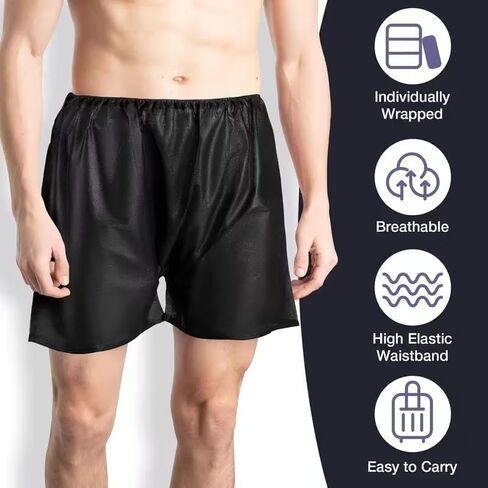شورت بوكسر رجالي غير محدود للاستعمال مرة واحدة - 10 عبوات L/XL - بولي بروبيلين سبونبوند ناعم، ملفوف بشكل فردي، ملابس داخلية صحية للاستخدام في المنتجعات الصحية والسفر والمستشفى والتدليك والصالون باللون الأسود in Kuwait