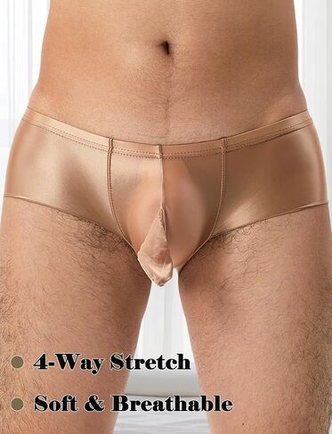AUBIG Men's Shiny Metallic Mini Boxer Briefs Oil Shiny Glossy Panties Sheer Underpants Low Waist Panties in Saudi Arabia