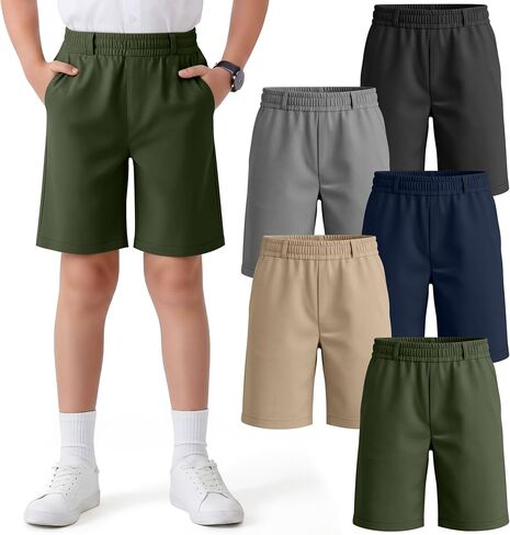 5 Pack Boys' School Uniform Shorts Kids Elastic Waist Flat Front Khaki Shorts with Pockets Summer Casual Pull on in Saudi Arabia