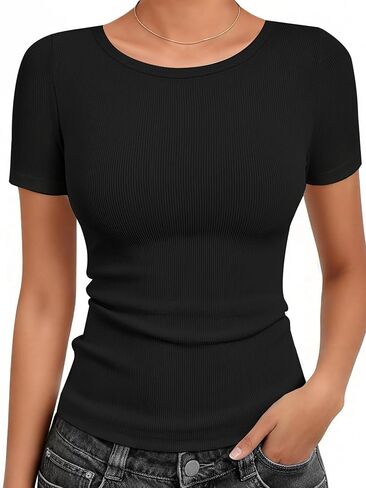 Cotton Ribbed Basic T Shirts for Women,Slim Fit Crew Neck Short Sleeve Summer Shirts,Solid Plain Tops, Undershirts in Saudi Arabia